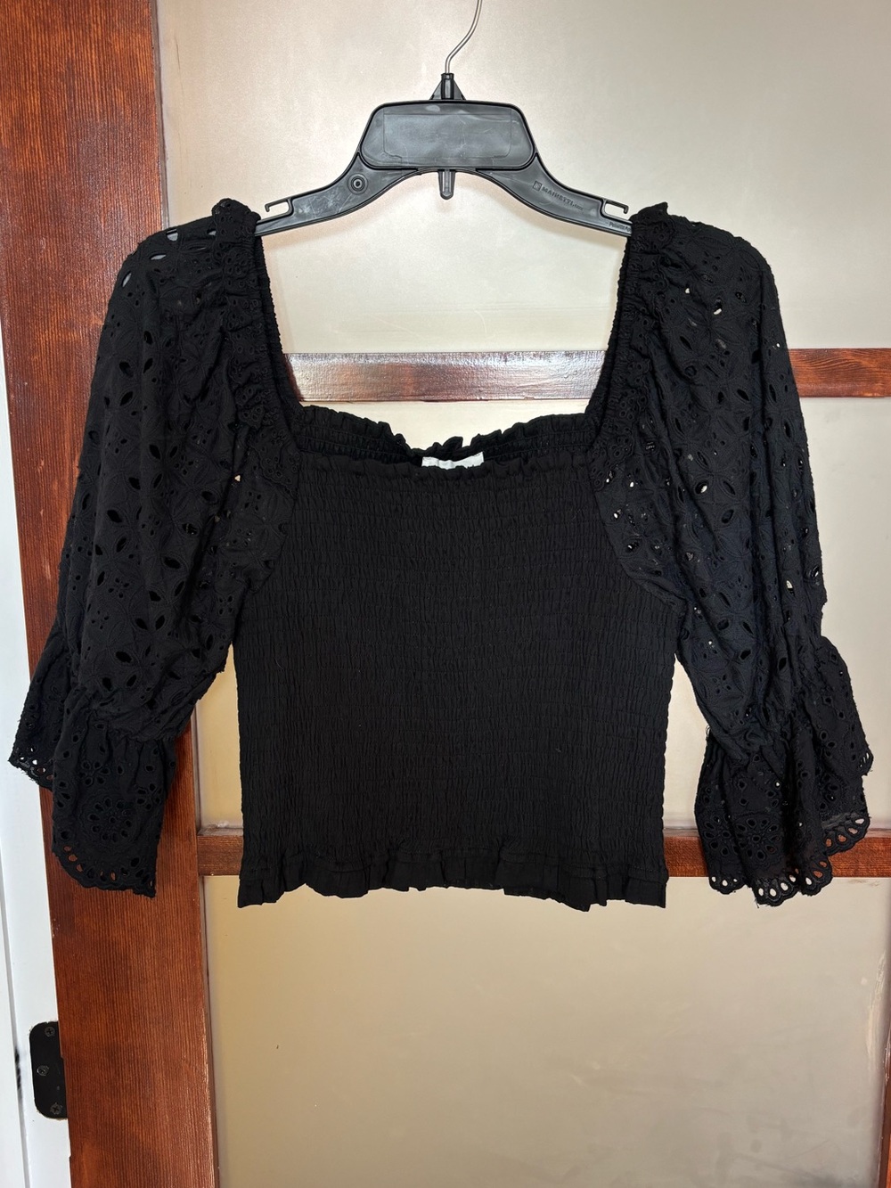 Allison NYC Black Smocked Square-Neck Crop Top with Eyelet Puff Sleeves
